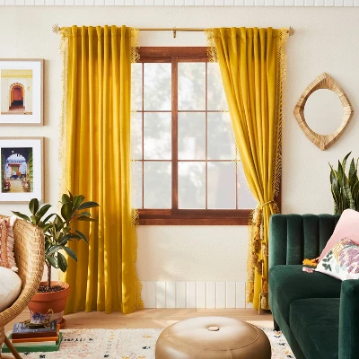 1pc Light Filtering Velvet Macrame Trim Window Curtain Panel - Opalhouse™ Designed With Jungalow™ 1 1pc Light Filtering Velvet Macrame Trim Window Curtain Panel - Opalhouse™ Designed With Jungalow™